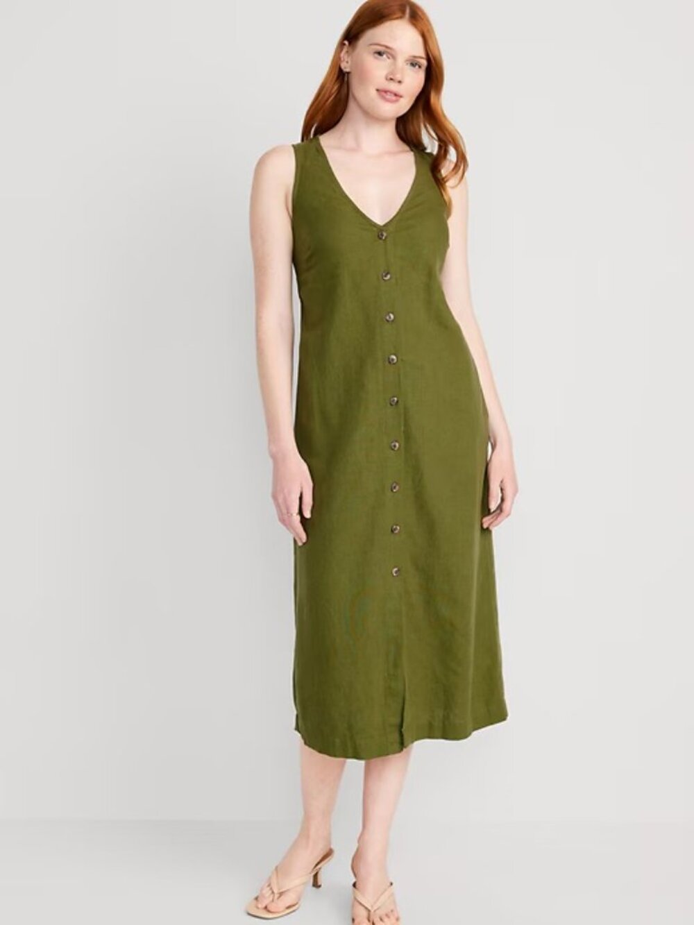 Old Navy Olive Linen Blend Button Front Sleveless Midi Dress Size L